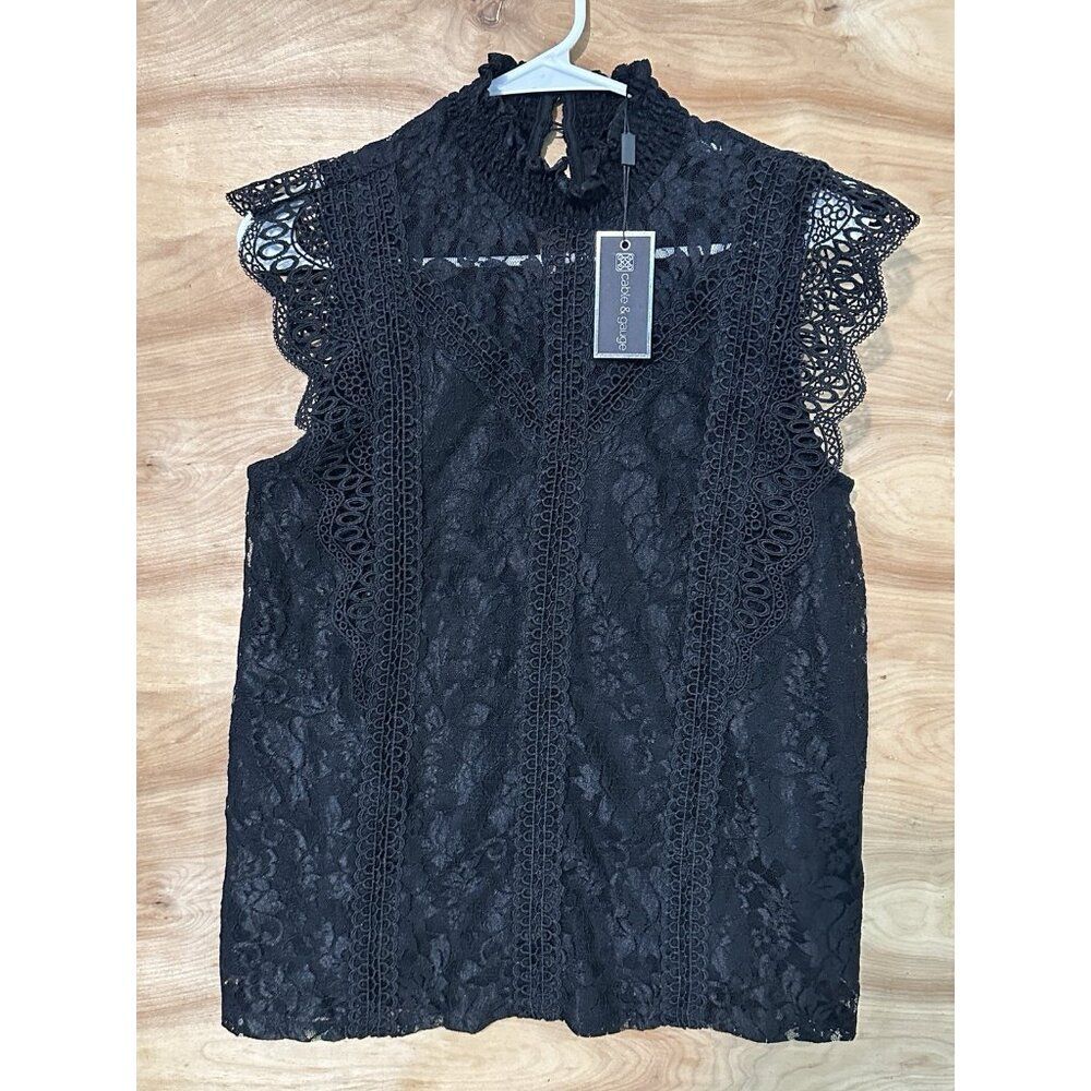 NWT Cable And Gauge Crochet Lace Black Sleeveless Top Woman Med High Neck Sexy